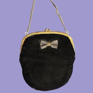 Vintage 50s Black Velvet Evening Clutch Pouch Bag Satin Bow Gold Chain Handle